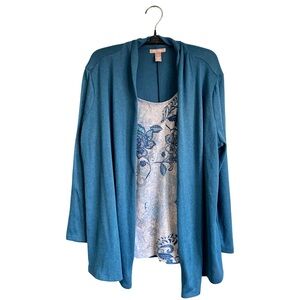White Stag Women Blue Teal Open Front Cardigan Attached Shirt‎ Combo Size 1X EUC